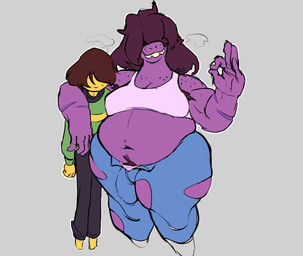 anthro armpit_hair big_breasts bodily_fluids body_hair bottomwear breasts brown_hair bulge carrying_another carrying_partner cleavage clothed clothing crop_top deep_navel detailed_bulge duo female freckles genital_outline gesture gynomorph hair hair_over_eyes hand_gesture huge_thighs intersex intersex/male larger_anthro larger_gynomorph larger_intersex male midriff musclegut muscular navel non-mammal_breasts obese obese_anthro obese_gynomorph obese_intersex obscured_eyes ok_sign open_bottomwear open_clothing open_pants overbite overweight overweight_anthro overweight_female overweight_gynomorph overweight_intersex pants penis_outline pubes purple_body purple_scales scales scar shirt size_difference smaller_human smaller_male smile stocky sweat thick_thighs topwear underwear wide_hips yellow_body yellow_skin gnauseating deltarune undertale_(series) kris_dreemurr susie_(deltarune) human mammal hi_res
