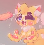 anthro bodily_fluids breasts cum cum_on_breasts cum_on_face cum_on_hand cum_on_tongue cum_string cumshot disembodied_penis duo ejaculation erection female genital_fluids genitals half-closed_eyes heart_eyes heart_symbol human_on_anthro inner_ear_fluff interspecies male male/female messy narrowed_eyes nipples nude one_eye_closed open_mouth pawpads penis simple_background solo_focus tongue tongue_out tuft skellybeanz peaches_(skellybeanz) domestic_cat felid feline felis human mammal digital_media_(artwork) hi_res shaded