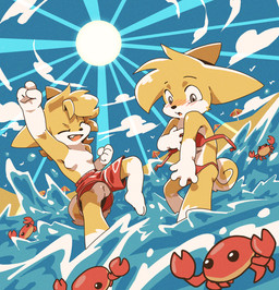 4_fingers anthro barefoot beach bikini biped black_nose blonde_hair blue_sky blush blush_lines breasts clothed clothed_anthro clothed_female clothing cloud countershade_face countershade_fur countershade_tail countershade_torso countershading crossdressing crossdressing_female crossdressing_male curled_tail day duo_focus embarrassed eyes_closed featureless_breasts feet female female_anthro feral fingers fist fur genitals grey_eyes group hair innie_vulva loli multicolored_body multicolored_fur open_mouth open_smile outside pussy_slip pussy_through_leghole red_bikini red_bikini_bottom red_bikini_top red_clothing red_swimming_trunks red_swimwear sky small_breasts smile sun swimming_trunks swimwear swimwear_only tail teeth tongue topless topless_anthro topless_female two-piece_swimsuit two_tone_body two_tone_fur upshorts vulva wardrobe_malfunction water white_body white_countershading white_fur white_tail yellow_body yellow_fur young young_anthro young_female harmarist cosmobreeder_yiffai male_swimwear_challenge arthropod canid canine canis crab crustacean decapod domestic_dog malacostracan mammal hi_res