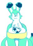 :3 anthro big_breasts black_body black_fur black_nose bomb breasts cheek_tuft cleavage clothed clothing dipstick_ears dipstick_tail ear_markings explosives facial_tuft female floppy_ears fur green_body green_fur head_tuft long_ears markings multicolored_ears neck_tuft object_between_breasts simple_background simple_eyes solo tail tail_markings topwear tuft white_background white_body white_fur wide_hips yellow_clothing yellow_topwear sofmallow bomberman hudson_soft konami hybrid lagomorph louie_(bomberman) macropod mammal marsupial 2023 hi_res