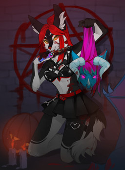anthro black_body blood bodily_fluids bottomwear bra candle clothed clothing cross decapitation duo female gore hair knife multicolored_body occult_symbol pentagram red_body red_hair satanic severed_body_part severed_head skirt symbol tail tail_under_skirt underwear white_body yellow_eyes tja mythology canid canine dragon mammal mythological_creature mythological_scalie scalie absurd_res digital_media_(artwork) hi_res shaded