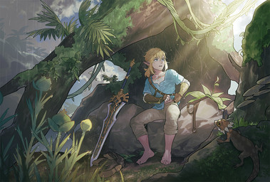 5_toes ambiguous_gender barefoot blonde_hair blue_eyes cloud detailed_background duo feet feral grass hair humanoid_pointy_ears leaf light light_body light_skin male melee_weapon not_furry open_mouth plant pointy_ears raining rock sitting sky sunlight sword toes tree weapon vavafle_cmsn breath_of_the_wild nintendo the_legend_of_zelda link humanoid hylian lizard reptile scalie 2022