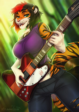 5_fingers anthro black_hair black_stripes breasts day electric_guitar eyebrows eyelashes female fingers fur green_eyes guitar hair musical_instrument open_mouth orange_body orange_fur outside plucked_string_instrument red_hair smile solo string_instrument striped_body striped_fur stripes teeth tongue kammi-lu gibson akiko_(akikotigeress) felid mammal pantherine tiger 2021 digital_media_(artwork)