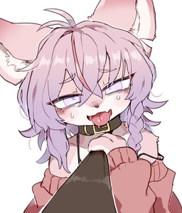 ahoge ambiguous_anthro ambiguous_gender anthro biped bra braided_hair clothed clothed_ambiguous clothed_anthro clothing collar countershading ear_scar empty_eyes first_person_view front_view fur hair half-closed_eyes inner_ear_fluff leash leash_pull monotone_body monotone_fur monotone_hair narrowed_eyes open_mouth pink_body pink_fur purple_eyes purple_hair scar short_hair shoulderless_sweater side_braid single_braid slim slim_ambiguous slim_anthro solo straight_hair tongue tongue_out tuft underwear white_body white_countershading ookm canid canine fox mammal 2024 cel_shading digital_drawing_(artwork) digital_media_(artwork) shaded