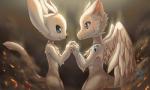 ambiguous_gender anthro black_nose blue_eyes blush duo eye_contact feathers fire fur hand_holding looking_at_another smile standing tail white_body white_feathers white_fur wings ho-oh_(artist) microsoft mythology ori_(series) xbox_game_studios ori_(ori) dragon furred_dragon furred_scalie guardian_spirit mammal mythological_creature mythological_scalie scalie 2016