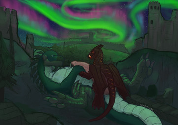 ambiguous_gender aurora_(phenomenon) black_body black_scales blush bodily_fluids castle claws duo erection feral feral_on_feral genital_fluids green_body green_scales hand_holding horn larger_male long_neck looking_at_another male male/ambiguous night outside plant precum precum_string scales size_difference sky smaller_ambiguous snout star starry_sky tail toe_claws tongue tongue_out tree conditional_dnp teavern mythology dragon mythological_creature mythological_scalie scalie 2025 hi_res shaded signature