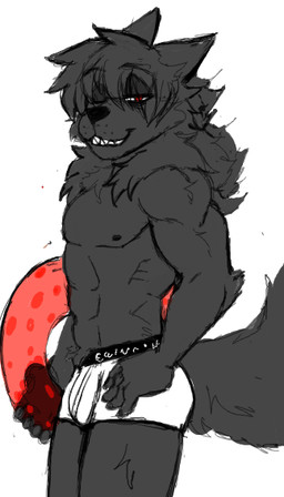 abs anthro black_body black_fur black_hair clothed clothing fur hair inflatable inner_tube looking_at_viewer male male_anthro muscular muscular_anthro muscular_male nipples one_eye_closed red_eyes simple_background solo tail teeth underwear underwear_only white_background wink winking_at_viewer butcher_pal adam_manchester canid canine canis hybrid mammal procyonid raccoon wolf 2024 colored digital_drawing_(artwork) digital_media_(artwork) portrait three-quarter_portrait
