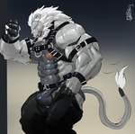 abs anthro armband barazoku beard belt biceps big_muscles black_bottomwear black_clothing black_pants blue_eyes bottomwear bottomwear_down bracelet bulge butt claws clothed clothing eyewear facial_hair finger_claws fur glasses gradient_background grey_body grey_fur hair harness huge_muscles jewelry jockstrap leaning_on_wall leather leather_bottomwear leather_bracelet leather_clothing leather_harness leather_pants male mane multicolored_body multicolored_fur muscular muscular_anthro muscular_male navel nipples obliques open_bottomwear open_clothing open_mouth open_pants pants pants_down partially_clothed pecs simple_background solo tail tail_tuft triceps tuft underwear white_hair white_mane wristband esganoth esgar felid lion mammal pantherine 2023 artist_name hi_res