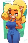 2021 activision anthro bandicoot bedroom_eyes big_breasts black_nose blonde_hair breasts clothed clothing coco_bandicoot countershading crash_bandicoot_(series) female fur green_background green_eyes hair half-closed_eyes hands_behind_back long_hair looking_at_viewer mammal marsupial narrowed_eyes nipple_outline orange_body orange_fur overalls overalls_only ponytail seductive simple_background smile solo text the_other_half url watermark wide_hips