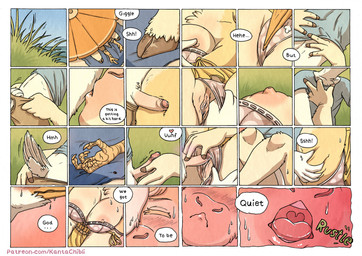 5_fingers anthro anthro_on_anthro beach beach_towel blush bodily_fluids bottomwear bra breasts clothed clothed_anthro clothed_female clothed_male clothing day dress duo erection feathers female fingers foreplay fur genitals grass hooves humanoid_hands imminent_sex interspecies lying lying_on_ground male male/female nipples on_back on_ground outside panties penis plant public public_exposure sand shirt shorts sundress sweat tail tan_body tan_fur text topwear towel underwear vulva white_body white_feathers kantachibli clover_(kantachibli) phillip_(kantachibli) avian bird bovid bovine cattle heron mammal pelecaniform comic english_text hi_res url