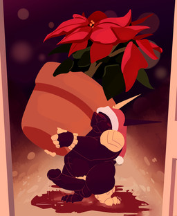 anthro armor balls belly big_belly black_balls black_body black_ears black_nose black_penis blonde_pubes bodily_fluids christmas_clothing christmas_headwear clothing erection genital_fluids genitals hat headgear headwear holding_potted_plant holidays humanoid_genitalia humanoid_penis male mouth_closed outside overweight overweight_anthro overweight_male penis plant plant_pot potted_plant precum precum_string pubes red_clothing red_hat red_headwear santa_hat solo standing yellow_inner_ear chocolateandmilk christmas canid canine mammal 2019 dated hi_res signature
