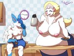 anthro areola belly beverage big_belly big_breasts big_butt big_tail blonde_hair blue_body blue_fur blue_hair boxers_(clothing) boxers_only breasts butt casual_exposure clothed clothing coffee coffee_cup container cookie cup detailed_background duo female food fur furniture hair huge_belly huge_breasts huge_butt huge_tail kitchen male morbidly_obese morbidly_obese_female muscular muscular_male narrowed_eyes nipples obese obese_female overweight overweight_female pink_areola pink_eyes pink_nipples scar slightly_chubby slightly_chubby_female table tail topless trash_can underwear underwear_only white_body white_fur wings void_opossum ambient_among_us nintendo pokemon alan_(alanshinys) eeveelution generation_6_pokemon generation_7_pokemon pokemon_(species) primarina shiny_pokemon sylveon absurd_res hi_res