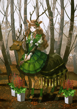 animal_ears antlers brown_hair clothed clothed_female clothed_taur clothing dress duo female feral forest green_clothing green_dress hair hooves horn light_body light_skin long_hair outside plant plant_pot potted_plant standing taur_clothing tree noki_henyo deer deer_taur mammal mammal_taur taur