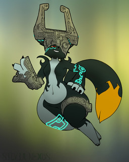 anthro belly black_body black_nose black_tail blurred_background breasts clothing dipstick_tail featureless_breasts female floating fused_shadow grey_body hand_on_hip headgear headwear looking_at_viewer markings navel orange_tail_tip red_eyes smile smiling_at_viewer solo tail tail_markings thick_thighs yellow_sclera silvia_nexus_(artist) bandai_namco digimon nintendo the_legend_of_zelda twilight_princess midna canid digimon_(species) hybrid mammal renamon twili 2023 digital_drawing_(artwork) digital_media_(artwork) english_description hi_res