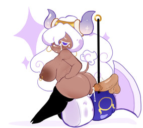 animal_tail areola big_breasts big_butt big_hair black_clothing black_legwear black_thigh_highs blue_eyes blush blush_lines bodily_fluids breasts brown_areola brown_body brown_nipples butt clothing cum cum_on_face disembodied_penis ear_piercing ear_ring female genital_fluids genitals hair hair_over_eye hooves horn leaking_cum legwear long_hair looking_at_viewer looking_back looking_back_at_viewer nipple_piercing nipples nude penis piercing purple_horn ring_piercing simple_background sitting smile solo tail tail_tuft thigh_highs tuft white_background white_hair magpiered cookie_run taurus_cookie animal_humanoid bovid bovid_humanoid bovine bovine_humanoid cattle_humanoid cookie_(cookie_run) humanoid mammal mammal_humanoid absurd_res hi_res