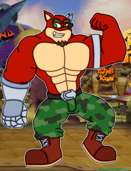 anthro big_muscles big_pecs biped boots clothing footwear fur huge_muscles huge_pecs hyper hyper_muscles hyper_pecs male muscular muscular_male pecs red_body red_fur screencap screencap_background shoes smile smiling_at_viewer wulfblack activision crash_bandicoot_(series) crunch_bandicoot bandicoot mammal marsupial hi_res