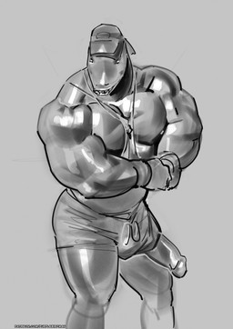 anthro clothed clothing flexing genitals hat headgear headwear humanoid_genitalia humanoid_penis jewelry large_male male male_anthro muscular muscular_anthro muscular_male necklace penis penis_poking_out pose shark_teeth solo swimming_trunks swimwear topless topless_anthro topless_male purplebirdman epic_games fortnite safety_first_steve_(fortnite) aquatic fish shark hi_res monochrome sketch