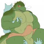 2018 alligator alligatorid ambiguous_gender anthro balls barazoku big_pecs bighornsheep_(artist) blush bodily_fluids bulge canid canine clothing crocodilian genital_fluids genitals green_balls green_penis grope group hand_holding kemono male male/ambiguous mammal mostly_nude muscular muscular_male pec_grab pecs penis precum precum_through_clothing reptile scalie simple_background size_difference spooning steam sweat tenting underwear wet wet_clothing white_background