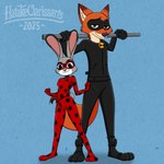 anthro clothing cosplay costume duo female hero male male/female hatakeclarissarts disney miraculous_ladybug zootopia cat_noir judy_hopps miraculous_ladybug_(character) nick_wilde arthropod beetle canid canine cucujoid domestic_cat felid feline felis fox insect ladybug lagomorph leporid mammal rabbit crossover hi_res