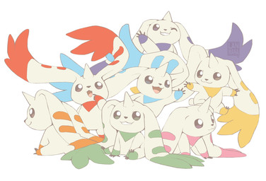 3_toes 4_fingers ambiguous_gender anthro black_eyes black_nose blue_body blue_fur closed_smile dipstick_ears ear_markings feet fingers floppy_ears fur green_body green_fur group horn leaning leaning_forward markings mouth_closed multicolored_ears one_eye_closed open_mouth open_smile orange_body orange_fur pink_body pink_fur purple_body purple_fur red_body red_fur simple_background sitting smile striped_ears toes white_background white_body white_fur wink yellow_body yellow_fur lanmana bandai_namco digimon digimon_(species) terriermon 2026 hi_res watermark widescreen