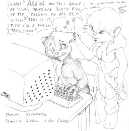 angry anthro breasts chest_tuft clenched_teeth clothing computer dialogue dildo duo ear_pull electronics featureless_breasts female holding_object holding_sex_toy leg_warmers legwear male one_eye_closed pain sex_toy simple_background sitting standing teeth text tuft white_background asthexiancal heathcliff_and_the_catillac_cats cleo_catillac domestic_cat felid feline felis mammal 2005 black_and_white english_text monochrome