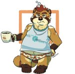 5_fingers 5_toes anthro belly beverage briefs brown_body brown_fur claws clothed clothing coffee coffee_mug cute_fangs ear_piercing ear_stud feet fingers fur holding_object looking_at_viewer male pattern_clothing pattern_underwear piercing print_briefs print_clothing print_underwear shirt simple_background slightly_chubby solo tank_top text toe_claws toes topwear underwear white_background guaxraccoon canid canine mammal raccoon_dog 2020 english_text