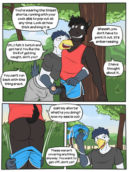 anthro arm_around_waist assisted_exposure athletic_wear balls_through_leghole beak bedroom_eyes black_body border bottomless bottomless_anthro bottomless_male bottomwear butt clothed clothed_anthro clothed_male clothing diamond_(marking) dirty_talk duo erection erection_under_clothing erection_under_pants fully_clothed fully_clothed_anthro fully_clothed_male genitals holding_another's_penis holding_penis looking_away male male/male male_anthro markings midriff motion_lines narrowed_eyes nervous nervous_smile outside pants pantsing partially_clothed_anthro partially_clothed_male penis penis_poking_out penis_through_leghole plant public public_exposure questionable_consent removing_pants seductive shirt shorts smile smirk speech_bubble sweatpants tail tank_top teeth tenting text toothed_beak topwear tree undressing_partner white_border fuze texnatsu james_oliver sam_jackson avian bird equid equine horse mammal 3:4 comic english_text hi_res