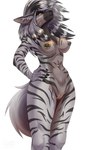 animal_ears anthro breasts ear_piercing female fur genitals hair navel navel_piercing nipple_piercing nipples nude nude_anthro nude_female piercing pussy simple_background solo striped_body stripes tail goallonely hyena mammal 2025 absurd_res hi_res portrait three-quarter_portrait