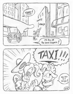 anthro back_wings breasts building city cleavage clothed clothed_anthro clothed_female clothed_male clothing cutie_mark dialogue dress female fluffy fluffy_tail freckled_breasts freckles fully_clothed fully_clothed_anthro fully_clothed_female fully_clothed_male group hat headgear headwear honking_horn horn male poofy_hair speech_bubble station_wagon sun_hat sundress tail text wings yelling circe_(artist) friendship_is_magic hasbro my_little_pony mythology fluttershy_(mlp) harpo_marx marx_brothers pinkie_pie_(mlp) earth_pony equid equine horse mammal mythological_creature mythological_equine pegasus pony black_and_white comic english_text monochrome traditional_media_(artwork)