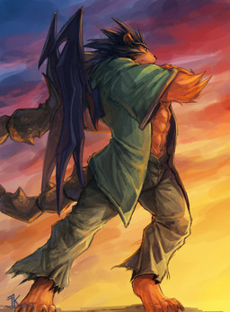 4_toes abs anthro bat_wings biceps bottomwear brown_body brown_fur clothing cloud feet fur green_clothing green_jacket green_topwear grey_bottomwear grey_clothing grey_pants jacket male membrane_(anatomy) membranous_wings muscular muscular_anthro muscular_male pants sky solo stinger stinger_tail sunset tail toes topwear wings kuron iranian_mythology middle_eastern_mythology mythology virska felid mammal manticore pantherine