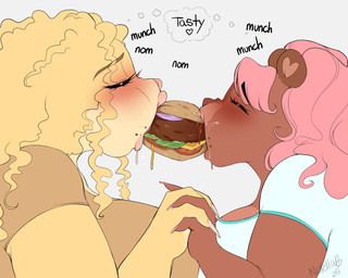 anthro big_breasts blonde_hair blush bodily_fluids breasts brown_body burger dialogue duo eating eyelashes eyes_closed female female/female food food_fetish food_play hair hand_holding pink_hair saliva side_view text yellow_body chocolate_bunnie bear mammal 5:4 hi_res