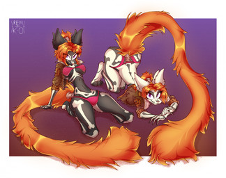 4_ears anthro ass_up bikini black_body black_fur breasts clothed clothed_female clothing duo female fluffy fluffy_tail fur gradient_background midriff multi_ear navel orange_tail pink_nose purple_eyes simple_background swimwear tail two-piece_swimsuit white_body white_fur remzi-k-o dreamkeepers digo_marrallang indi_marrallang indigo_marrallang canid mammal hi_res