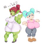 big_breasts breast_size_difference breasts clothing dialogue duo female footwear green_body green_skin hand_on_hip high_heels huge_breasts not_furry shoes short_stack simple_background text thick_thighs white_background wide_hips sundown_(artist) blizzard_entertainment warcraft gnome goblin humanoid absurd_res english_text hi_res