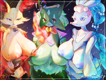 :3 anthro areola big_breasts blue_areola blue_hair blue_nipples breasts elemental_manipulation female female/female female_anthro fire fire_manipulation fur genitals green_body green_fur group hair heart_eyes heart_symbol huge_breasts long_hair looking_at_viewer markings mole_(marking) mole_on_breast navel nipples nude pink_areola pink_nipples pink_nose red_body red_fur smile standing stick trio vulva white_body yellow_body yellow_fur poreeveelutinfp nintendo pokemon delphox generation_6_pokemon generation_7_pokemon generation_9_pokemon mammal meowscarada pokemon_(species) primarina 4:3 hi_res