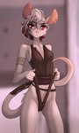 5_fingers anthro breasts clothed clothing clothing_pull female fingers front_view fur hair inside long_tail looking_at_viewer red_eyes solo tail topwear white_body white_fur white_hair white_tail tinygaypirate mammal mouse murid murine rodent 2024 digital_media_(artwork) hi_res