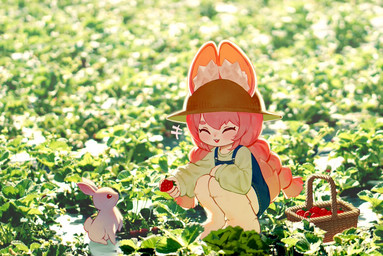 anthro barefoot basket braided_pigtails clothed clothed_anthro clothing container crouching duo eyes_closed feet female feral food fruit fully_clothed fully_clothed_anthro hair hat headgear headwear holding_food holding_fruit holding_object inner_ear_fluff outside overalls pink_hair plant tuft yamacho mihoyo zenless_zone_zero zhao_(zenless_zone_zero) lagomorph leporid mammal rabbit thiren