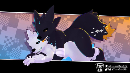 anal anal_penetration anthro balls balls_deep bandage black_body black_fur black_sclera blue_penis bodily_fluids butt duo erection eye_contact eyes_closed fluffy fur genitals hair humanoid_genitalia humanoid_penis looking_at_another looking_back looking_pleasured lying lying_on_ground male male/male male_penetrated male_penetrating male_penetrating_male nude on_front on_ground open_mouth orange_penis orange_sclera penetration penile penile_penetration penis sex side_view simple_background sound_effects sweat tail text tongue tongue_out tuft white_body tatsubold casualties:_unknown canid canine expie_(gunsawian) gunsawian mammal milky_(gunsawian) 16:9 2026 3d_(artwork) 3d_animation animated digital_media_(artwork) english_text hi_res loop short_playtime sound video widescreen