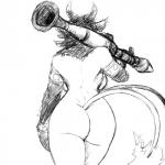 1:1 2_tails anthro armwear bare_shoulders black_and_white bovid breasts butt caprine caprine_demon clothing demon elbow_gloves female gloves goat handwear hi_res hladilnik horn low-angle_view mammal midriff monochrome multi_tail ranged_weapon rear_view rocket_launcher rpg-7 shay_(hladilnik) side_boob simple_background sketch solo tail walking weapon