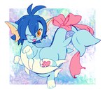 3_fingers 3_toes amber_eyes belly blue_body blue_hair blue_skin bow_ribbon dorsal_fin eeveelution extyrannomon_(artist) featureless_crotch feet female feral fin fingers generation_1_pokemon hair half-closed_eyes hi_res narrowed_eyes nintendo pawpads paws pokemon pokemon_(species) ruka_vaporeon simple_background solo toes tongue tongue_out vaporeon white_belly white_body white_skin