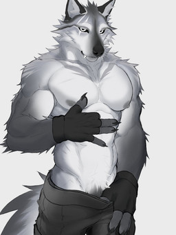 abs anthro areola arm_tuft biceps black_ears black_eyes black_nose boxers_(clothing) cheek_tuft claws clenched_teeth clothed clothing facial_tuft fangs fingerless_gloves fluffy fluffy_tail fur fur_markings genitals gloves grey_areola grey_background grey_nipples grey_penis hand_on_underwear handwear looking_at_viewer male markings multicolored_body multicolored_fur muscular muscular_anthro muscular_male narrowed_eyes neck_tuft nipples obliques pecs penis penis_base pubes pupils removing_underwear seductive shoulder_tuft simple_background smile smiling_at_viewer smirk smirking_at_viewer solo tail teeth topless tuft underwear white_pupils kojiray canid canine canis mammal wolf 2026 digital_drawing_(artwork) digital_media_(artwork) hi_res