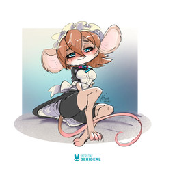 blue_eyes blush breasts brown_hair clothing collar female hair maid_uniform solo tail uniform kiaun derideal pixi_(derideal) mammal mouse murid murine rodent 1:1 hi_res