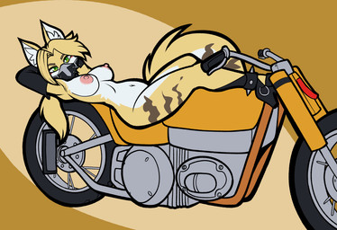 anthro big_breasts breasts female female_anthro green_eyes inner_ear_fluff looking_at_viewer mask motorcycle nipples nude nude_anthro nude_female posing_nude seductive solo stripes tuft vehicle wearing_mask fourssss mihoyo zenless_zone_zero pulchra_fellini felid feline felis mammal sand_cat thiren 2026 digital_drawing_(artwork) digital_media_(artwork)