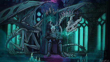 ambiguous_gender anthro armor biped black_mane black_sclera blue_eyes bone candle claws clothed clothing duo fangs feral finger_claws mane membrane_(anatomy) membranous_wings open_mouth quadruped sitting skeleton tail tail_tuft teeth torn_wing tuft wings acidic animated_skeleton undead 16:9 signature widescreen