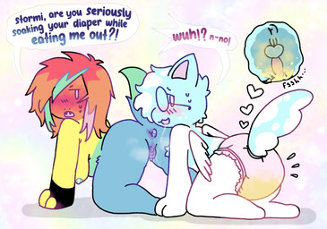 anthro anus big_butt blue_body blue_fur blush bodily_fluids butt clothed clothing cunnilingus dialogue diaper diapered_male dominant dominant_female duo embarrassed eyewear facial_piercing feathered_wings feathers female femboy freckles fur genital_fluids genitals glasses gloves handwear heart_symbol lip_piercing male male/female multicolored_body multicolored_fur nipples oral peeing penis piercing pink_diaper pink_eyes rainbow_body rainbow_fur rear_view saliva saliva_string scene_haircut sex slightly_chubby slightly_chubby_female small_penis sound_effects submissive submissive_male text unclean_diaper urine used_diaper using_diaper vaginal view_between_legs vowelless vowelless_sound_effect vulva watersports wearing_diaper wet_diaper wetting wetting_diaper wings guppyscollar raine_beau_(guppyscollar) stormi_clouds_(guppyscollar) canid canine felid mammal english_text hi_res