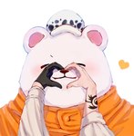 anthro clothing duo eyes_closed first_person_view fur gesture hat headgear headwear heart_gesture heart_symbol male slightly_chubby white_body white_fur kswmt3 one_piece snoot_challenge bepo_(one_piece) trafalgar_law bear human mammal polar_bear ursine hi_res meme