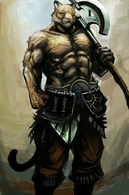 5_fingers abs anthro armor axe battle_axe belt biceps biped boots bottomwear clothed clothing fingers footwear fur green_eyes looking_at_viewer male melee_weapon muscular muscular_anthro muscular_male pants pecs pose scar shoes simple_background solo standing tail topless warrior weapon weapon_on_shoulder yen_rin felid mammal 2013 hi_res