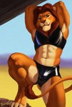 abs anthro armpit_hair bedroom_eyes body_hair bulge clothing digital_media_(artwork) dimonis disney felid fur hair hands_behind_head hi_res latex latex_clothing latex_underwear lion looking_at_viewer male mammal narrowed_eyes navel pantherine pose seductive simba_(the_lion_king) simple_background smile solo standing tail the_lion_king tight_clothing underwear