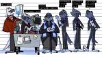 2017 anthro avian bed bird black_tie_(suit) blue_body blue_feathers cane chart clothed clothing english_text eyewear feathers fully_clothed furniture glasses green_sclera grey_body grey_feathers group height_chart hi_res hospital_bed lineup machete melee_weapon pixylbyte suit text weapon white_body white_feathers