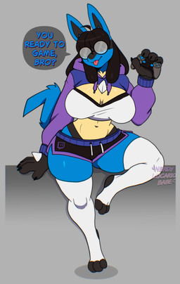anthro bangs blep bottomwear cleavage_cutout clothed clothing crop_top cutout eyewear female gamer_girl glasses hotpants legwear midriff shirt shorts solo stirrup_legwear stockings thick_thighs tongue tongue_out topwear wearing_glasses nerdylucariobabe nintendo pokemon fan_character rio_(nerdylucariobabe) generation_4_pokemon lucario pokemon_(species)