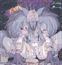 anthro bandage blood bodily_fluids breasts female food genitals light moon moonlight nipple_piercing nipples piercing sandwich_(food) sharp_teeth solo spread_legs spreading teeth text toothy_grin vulva umaishiru bloodborne fromsoftware sony_corporation sony_interactive_entertainment vicar_amelia beast_(bloodborne) canid canine mammal hi_res url watermark